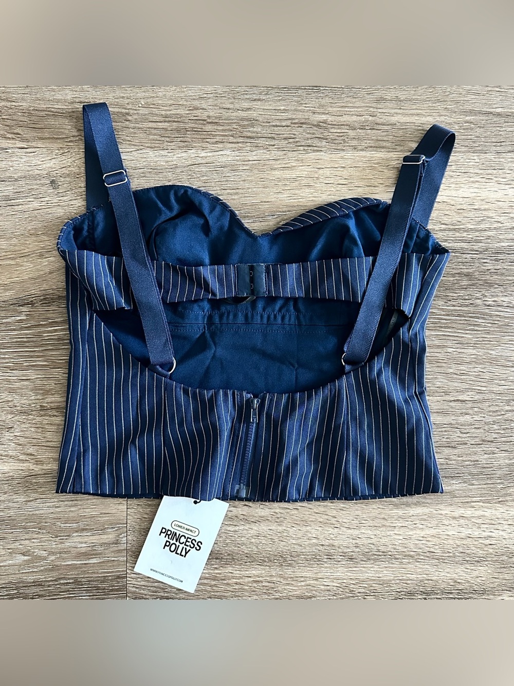 Princess Polly Briana Set Navy Pinstripe Bustier Crop Top & Wide Leg Pant US 6 - Picture 5 of 10